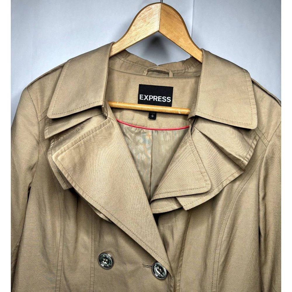 Express Womens Beige Trench Coat Jacket Functional Buttons Double Breasted - Picture 3 of 9